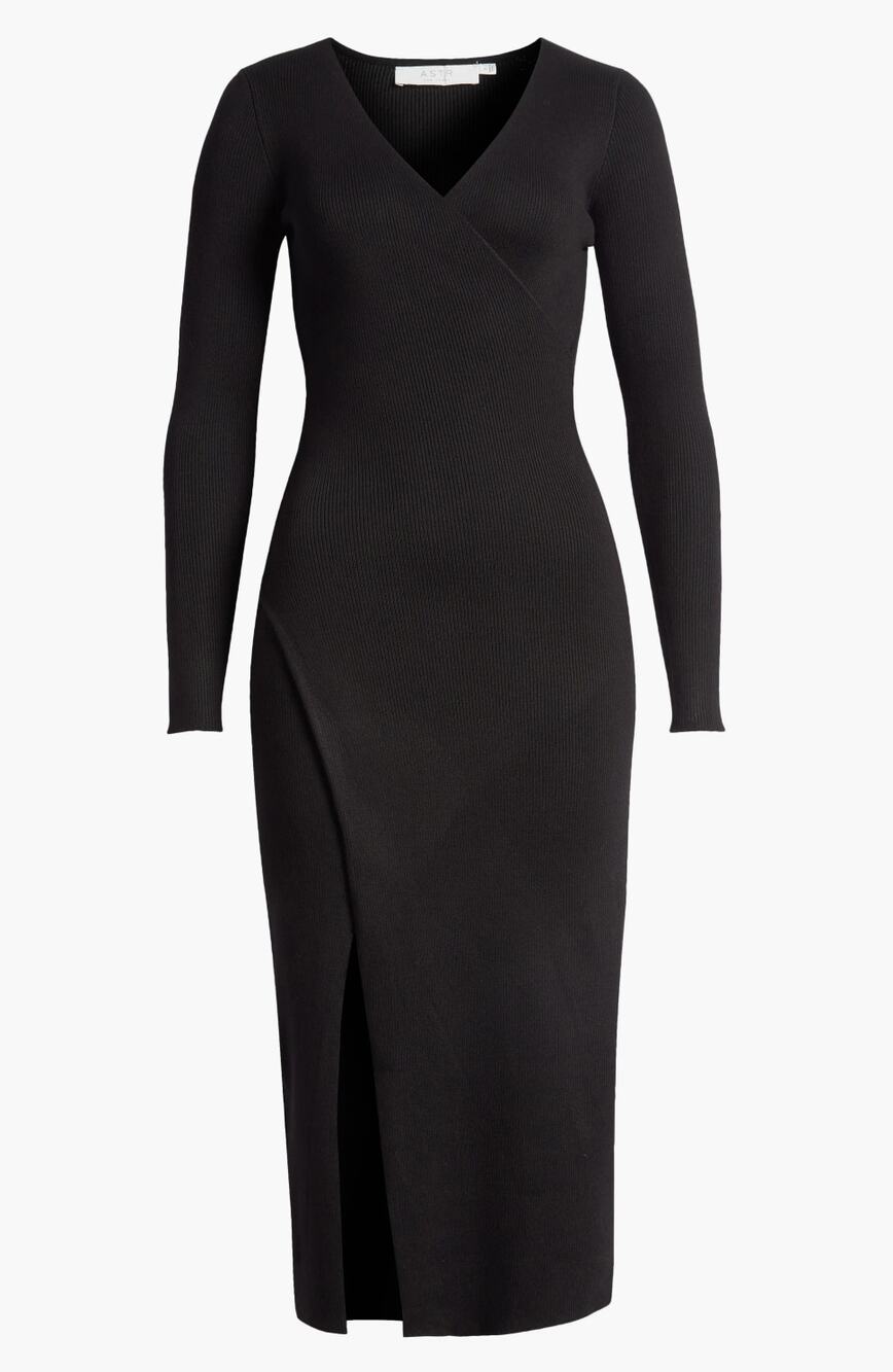 ASTR The Label Cross Front Slit Long Sweater Dress Large Black Knit VNeck NWT